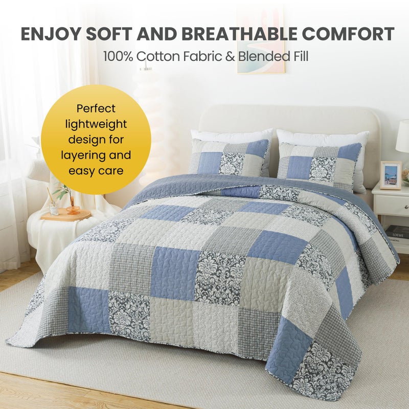 SLPR Sweet Dreams Cotton Quilt Set - Queen Size with 2 Shams, Pieced Patchwork Bedding in Blue and Gray, Country Style Farmhouse Quilted Bedspread - Image 3